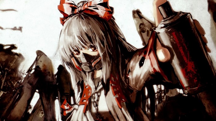 Fujiwara no Mokou from Touhou with gas mask and graffiti