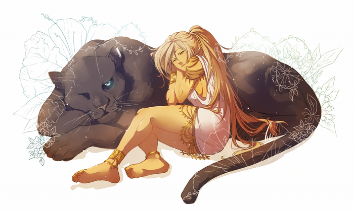 Woman resting with a black panther