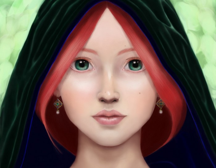 Artwork of a woman with red hair and green eyes wearing a dark hood