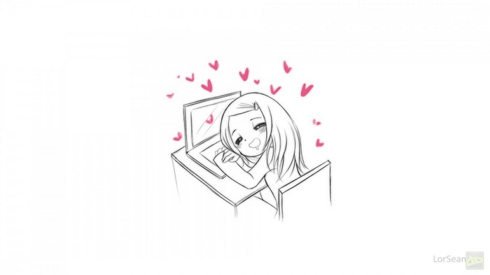 Girl with long hair at a laptop surrounded by hearts