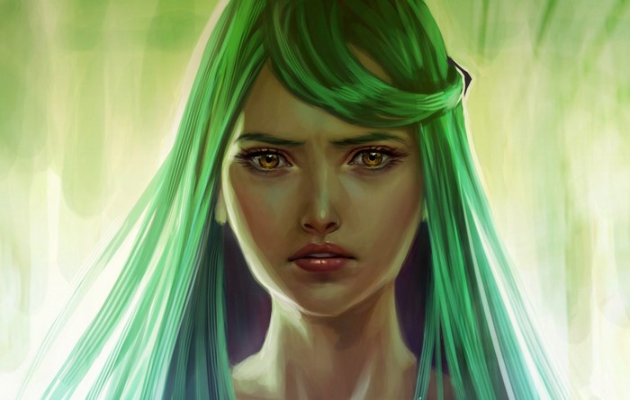 Artwork of a woman with long green hair and yellow eyes