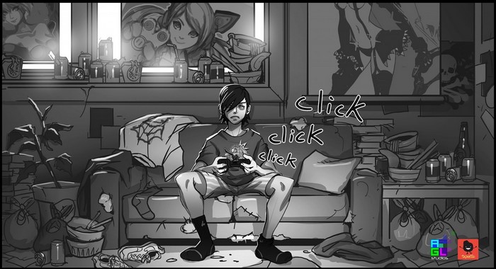 Young person playing video games in a messy room