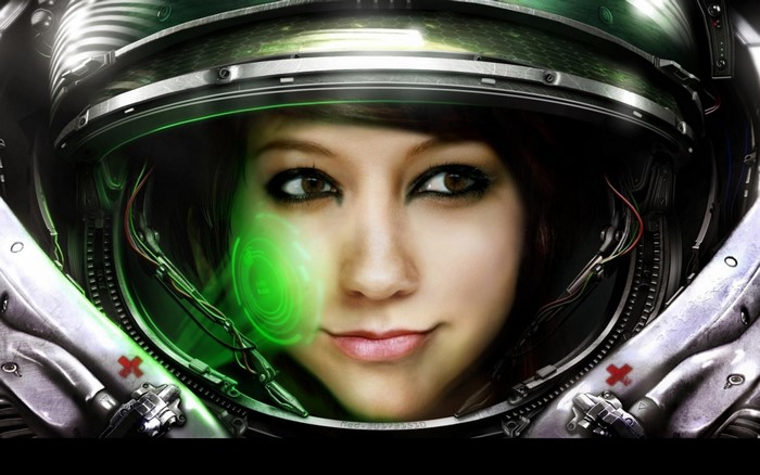 Woman in StarCraft II Medic Helmet