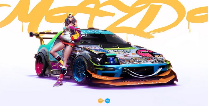 Woman with a colorful, graffiti-covered sports car