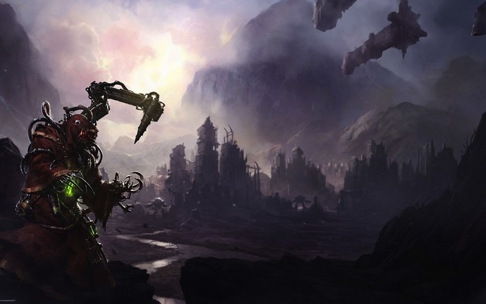 Adeptus Mechanicus from Warhammer 40,000 in a dark landscape