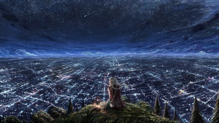 Girl overlooking a sprawling city at night under a starry sky