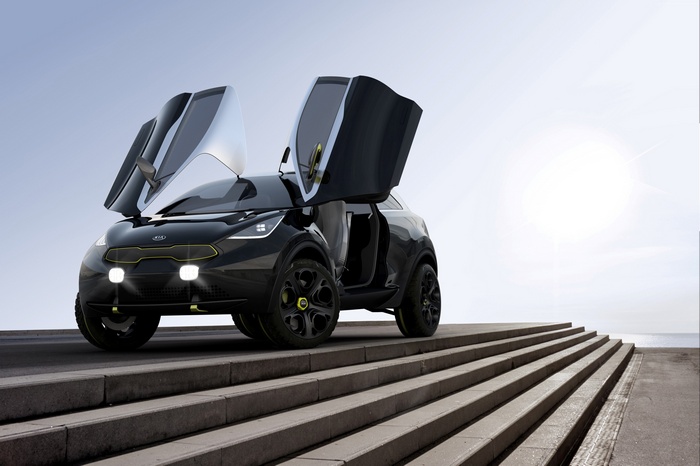 Black Kia Niro concept car with butterfly doors