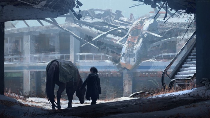 Girl with horse in ruined building, The Last of Us concept art