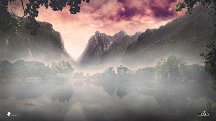 Misty mountain lake at sunrise with purple clouds