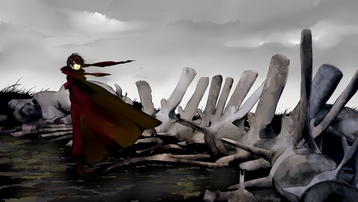 Anime character with cloak near giant bones