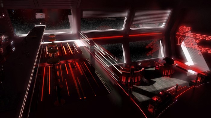Sci-fi lounge with neon lights and space view