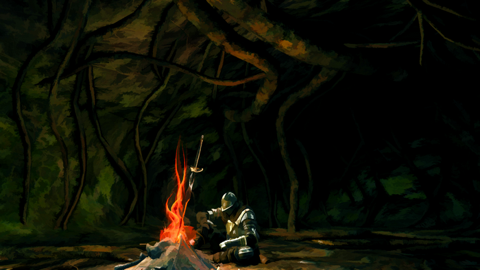 Dark Souls character by campfire in a dark forest