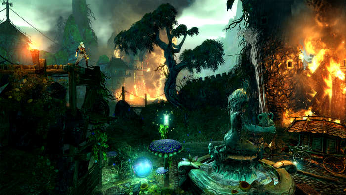Amadeus from Trine in a burning fantasy village