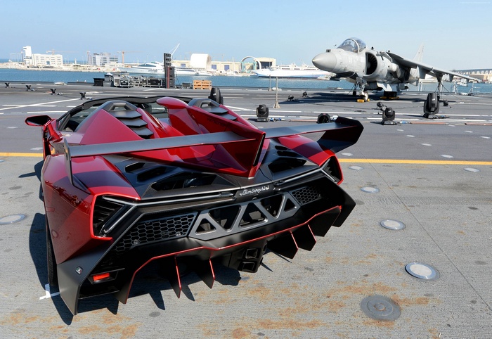 Lamborghini Veneno Roadster on Aircraft Carrier with Harrier Jet