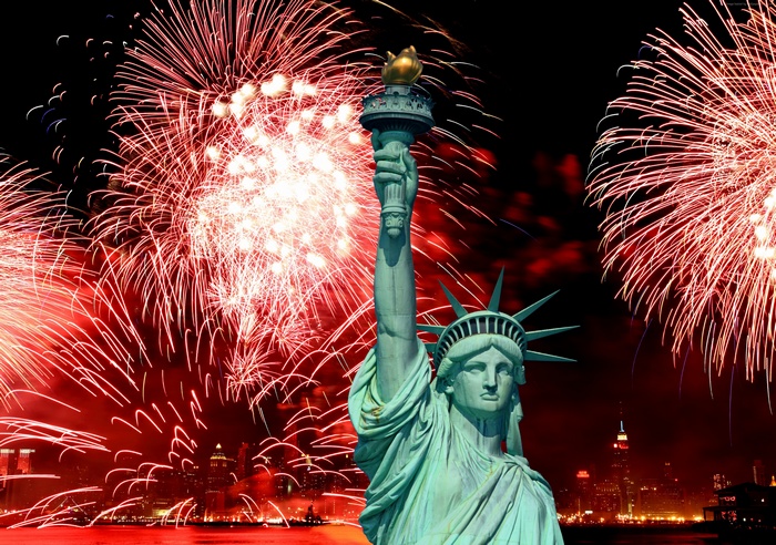 Statue of Liberty with Fireworks over New York City