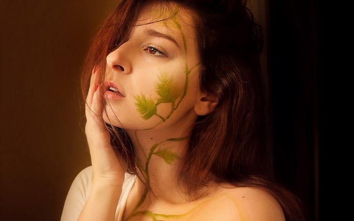 Portrait of Woman with Green Vine Face Art