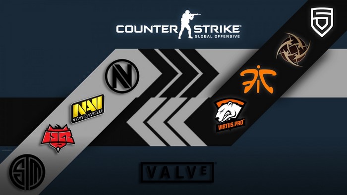 Counter Strike Global Offensive logos: Natus Vincere, Fnatic, Virtus.Pro, TSM, NiP, EnVyUs, and Valve
