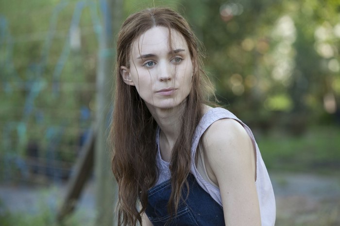 Rooney Mara in a denim overall
