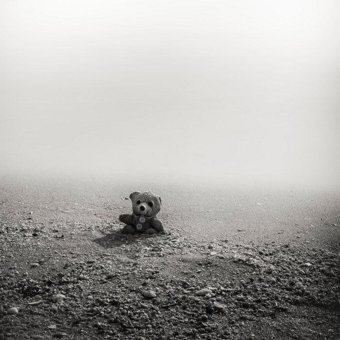 A lone teddy bear sits on a foggy beach