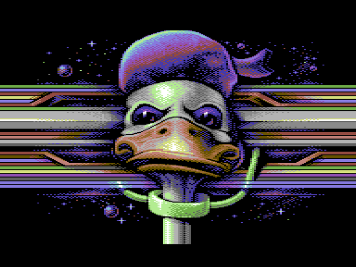 Pixelated Duck Character with Sci-Fi Background