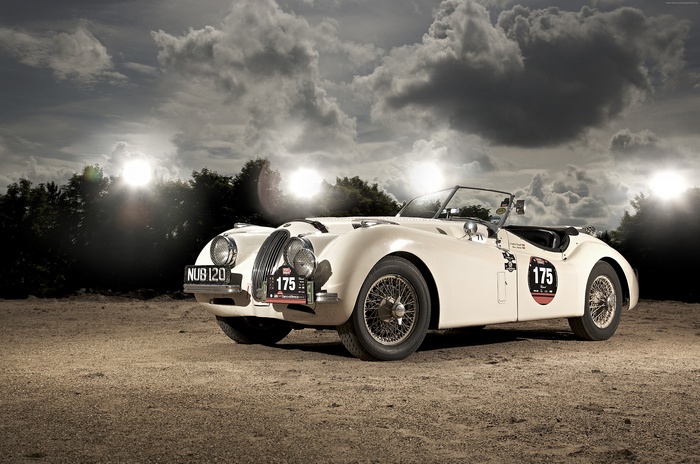 White Jaguar XK120 convertible sports car