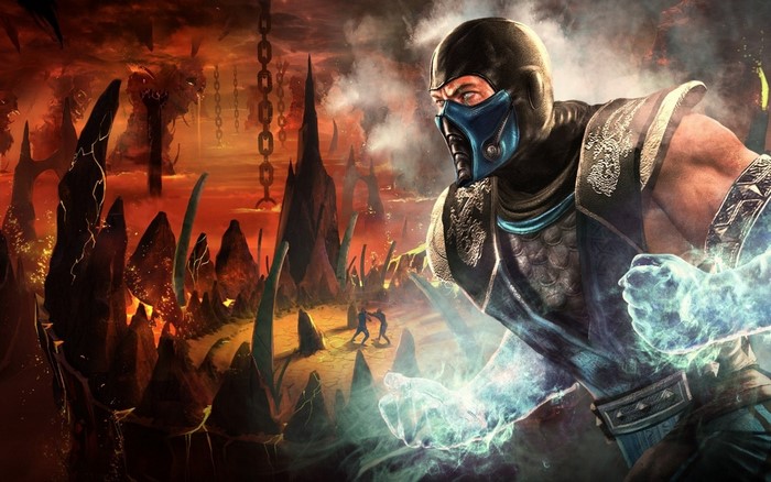 Sub Zero from Mortal Kombat in a hellish landscape