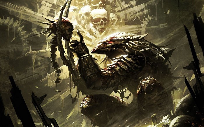 Predator holding a skull in a desolate landscape
