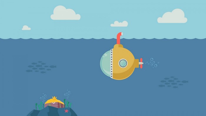 Yellow submarine explores the ocean floor with a treasure chest