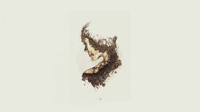 Surreal illustration of a face made of branches and soil
