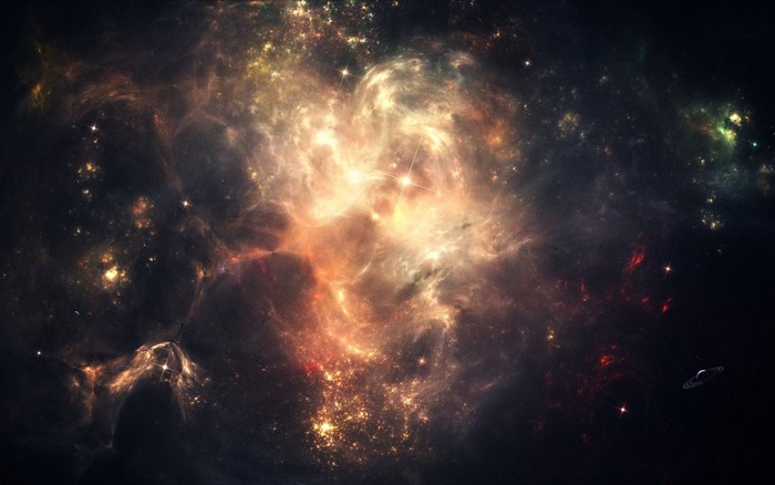 Vast nebula with stars and a distant planet