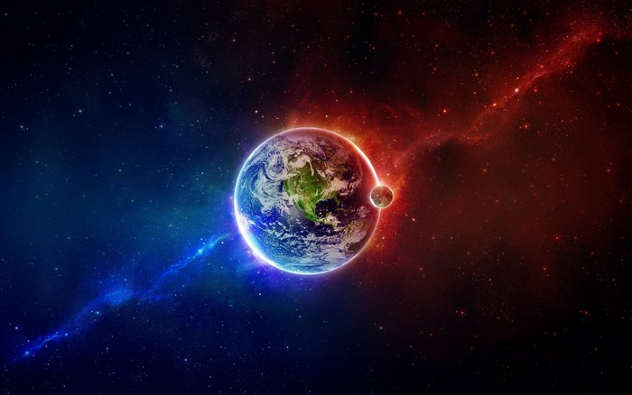 Colorful Earth and Moon in Cosmic Space