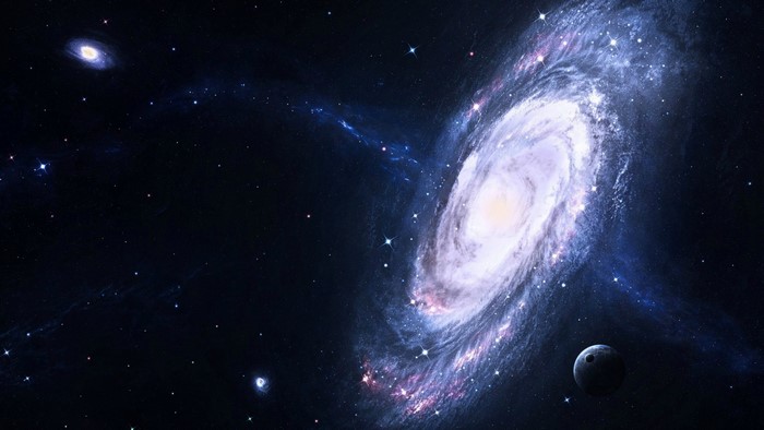 Spiral galaxy with a planet in outer space