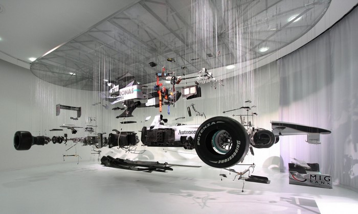 Formula 1 car disassembled and suspended