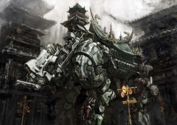 Futuristic mecha with pagoda in a grey city