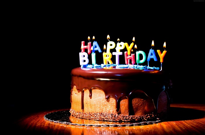 Chocolate birthday cake with "Happy Birthday" candles 4K