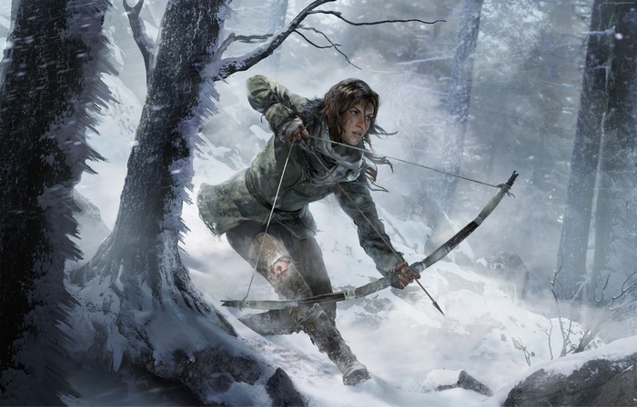 Lara Croft from Rise of the Tomb Raider in a snowy forest