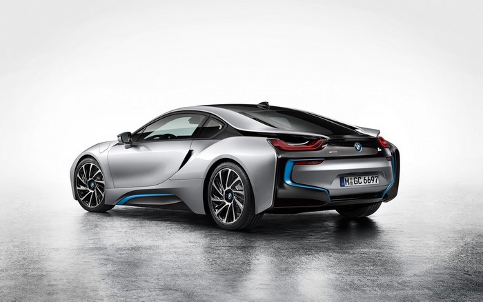 Silver BMW i8 sports car from rear