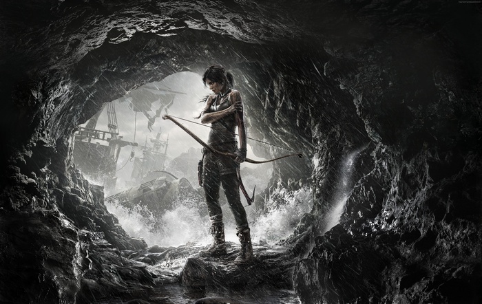 Lara Croft from Rise of the Tomb Raider in a cave with ships