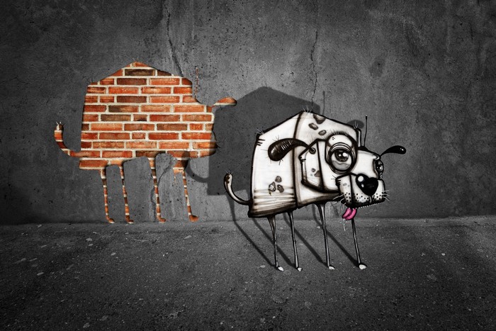 Graffiti dog with brick wall hole