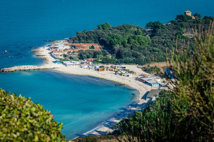 Coastal resort with beach and turquoise bay