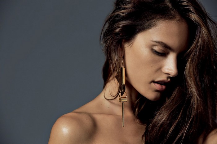 Alessandra Ambrosio portrait with large gold earring