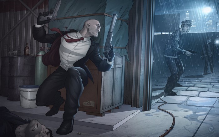 Agent 47 from Hitman in a dark alley