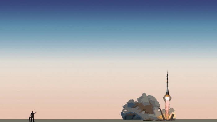 Minimalist rocket launch with father and son silhouette
