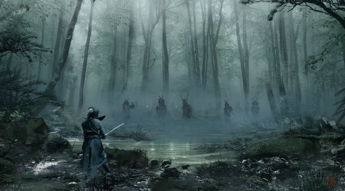 Samurai warriors in a misty forest