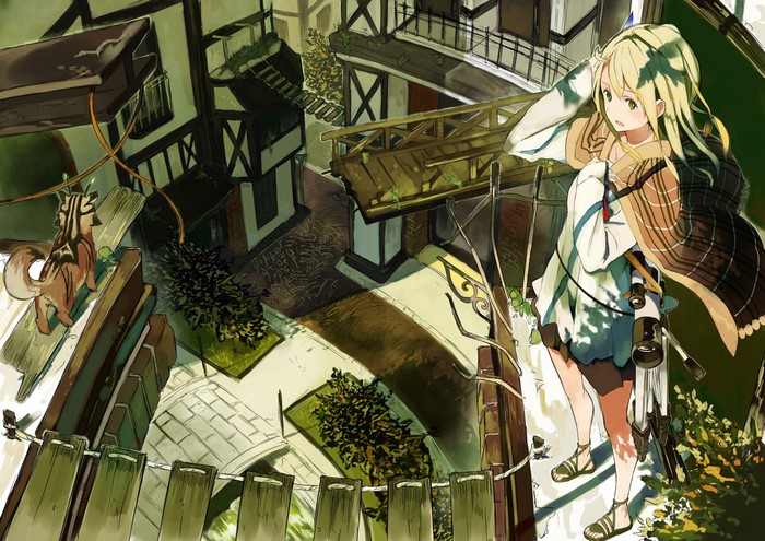 Anime girl with a creature in a fantasy town