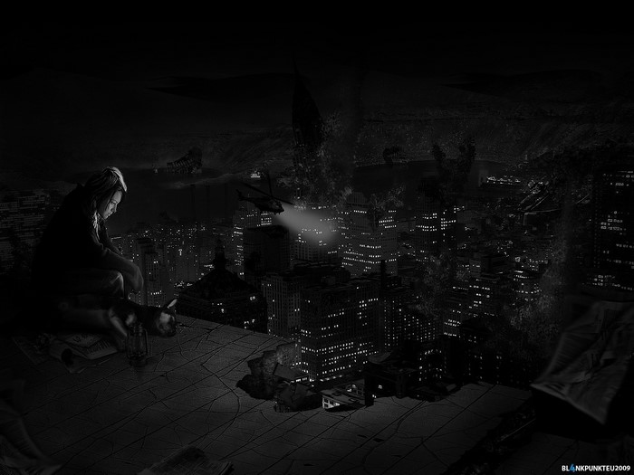 Girl and dog on rooftop overlooking destroyed cityscape at night