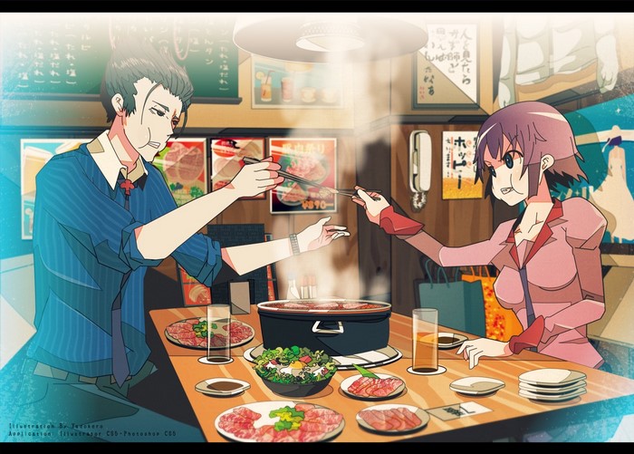 Kaiki Deishu and Senjougahara Hitagi eating at a restaurant
