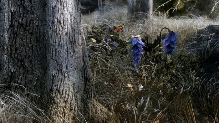 Butterfly and blue flowers in a forest from Skyrim