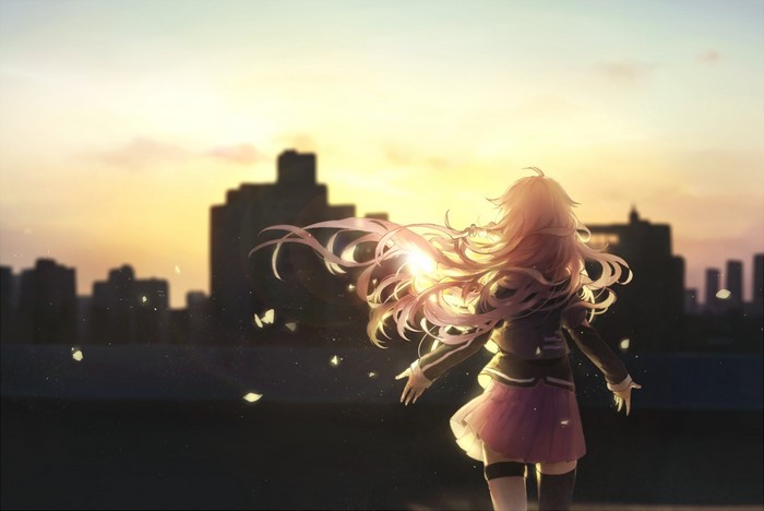 IA Vocaloid standing on a rooftop at sunset