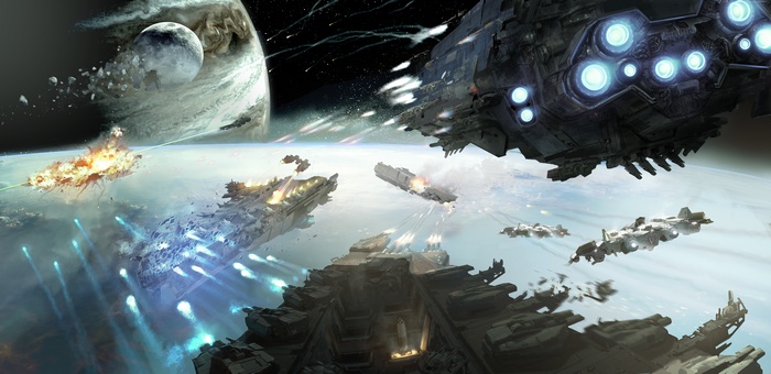 Space battle with fleets above a planet